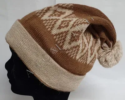 Bonnet Pompon Losange Marron 100% Alpaga — Thumbnail 1