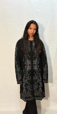 Veste Longue Brodé Flores Grise 50% Alpaga