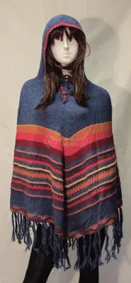 Poncho Delphina Capuche Bleu Vif en alpaga — Miniature 1