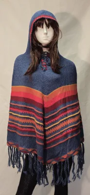 Poncho Delphina Capuche Bleu Vif en alpaga
