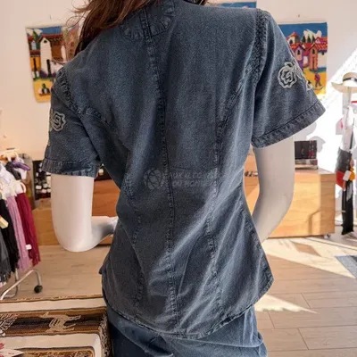 Chemisier Manches Courtes Alicia Bleu Jean coton — Miniature 4