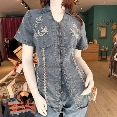 Chemisier Manches Courtes Alicia Bleu Jean coton — Miniature 1